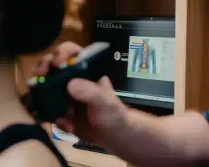 Close-up of a practitioner using a handheld scanning device on a patient's upper back while tracking results on a monitor displaying a digital spinal diagram.