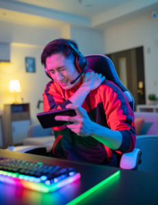 Male gamer experiencing neck & shoulder pain