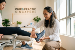 Chiropractor in Singapore performing active Shin Splint Stretches on a seated patient