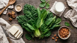 Calcium-rich foods including leafy greens, tofu, and almonds