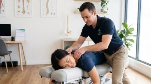 Chiropractor performing a cervical spine manipulation