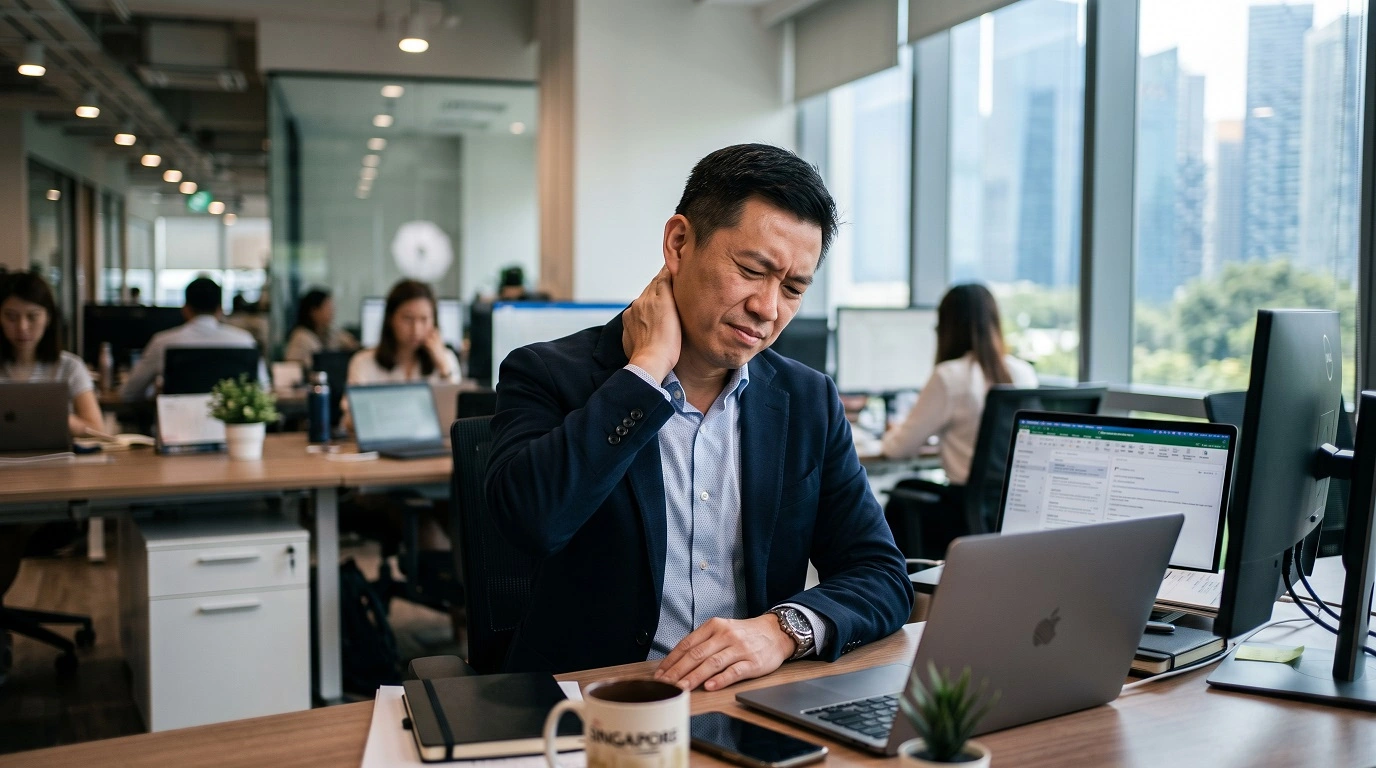 Office worker experiencing neck pain and stiffness
