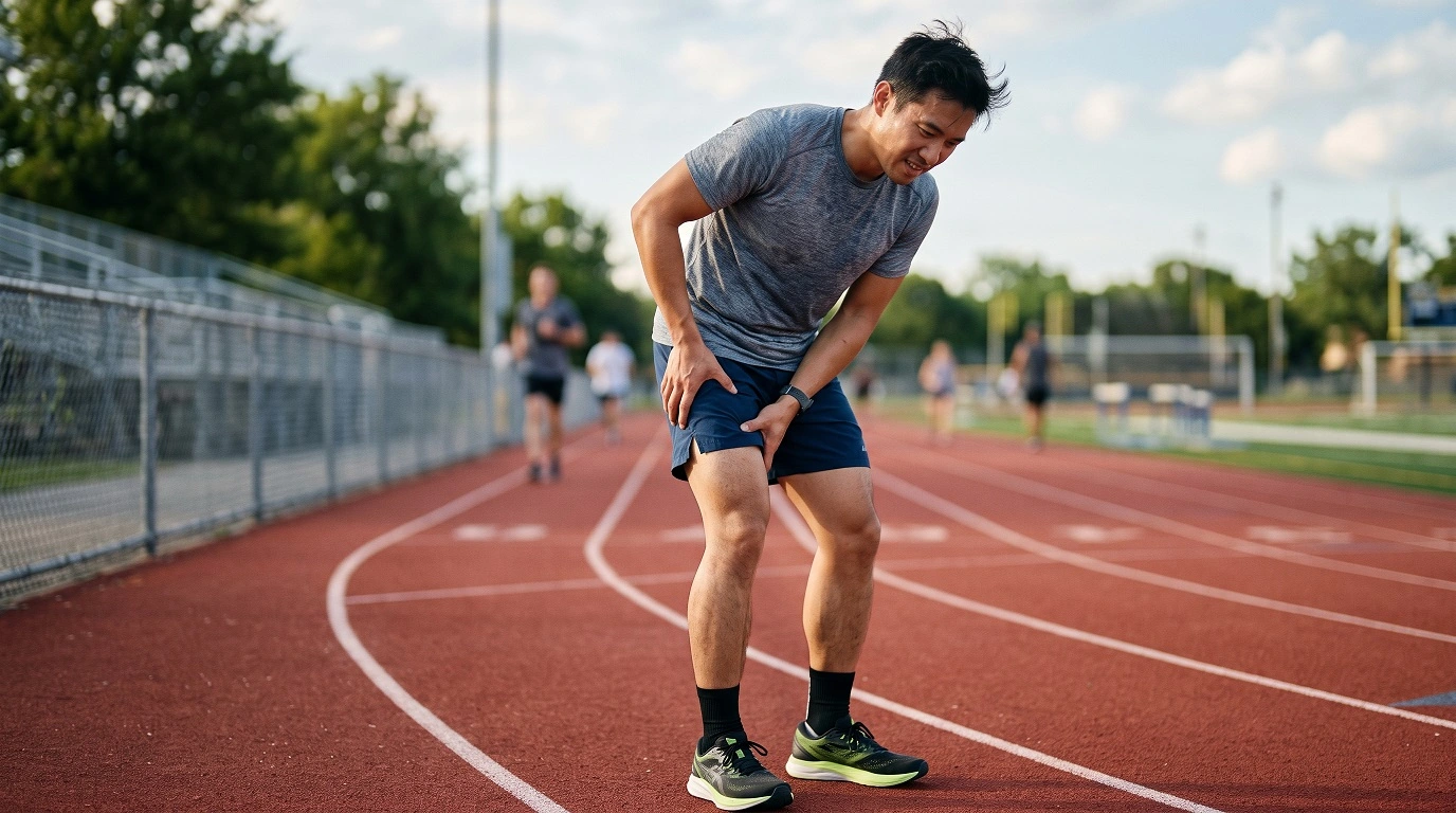 A male runner holding his upper thigh in pain on a track