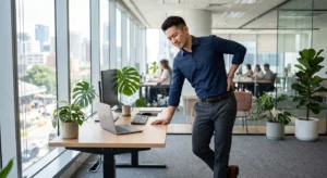an standing at desk holding lower back due to strain
