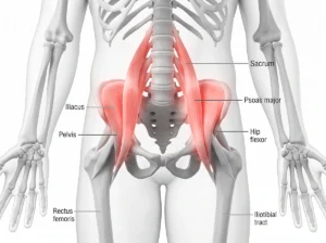 Illustration of the human pelvis, labeling muscles prone to Hip Flexor Muscle Strain like the psoas major and iliacus