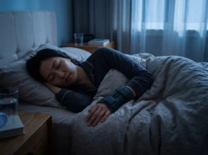 Woman sleeping in bed wearing a night brace