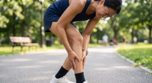Female runner holding lower leg in pain