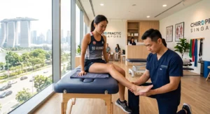 Chiropractor examining runner's lower leg