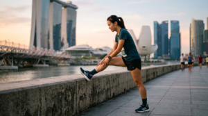 Female runner on a Singapore waterfront performing stretches on a concrete ledge.
