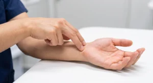 Practitioner performing a Tinel's sign wrist tapping