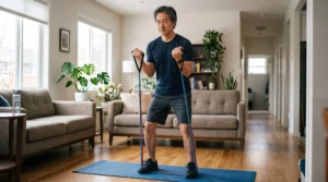 Man performing resistance band exercises at home