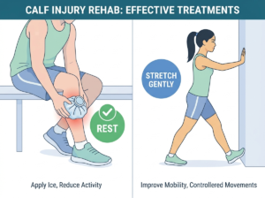 Infographic comparing ice and rest with gentle Shin Splint Stretches for calf injury rehab
