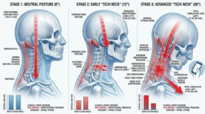 Diagram illustrating the cumulative structural damage from 'Tech Neck'