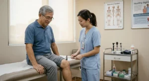Chiropractor using a reflex hammer on a senior male patient's knee during an exam
