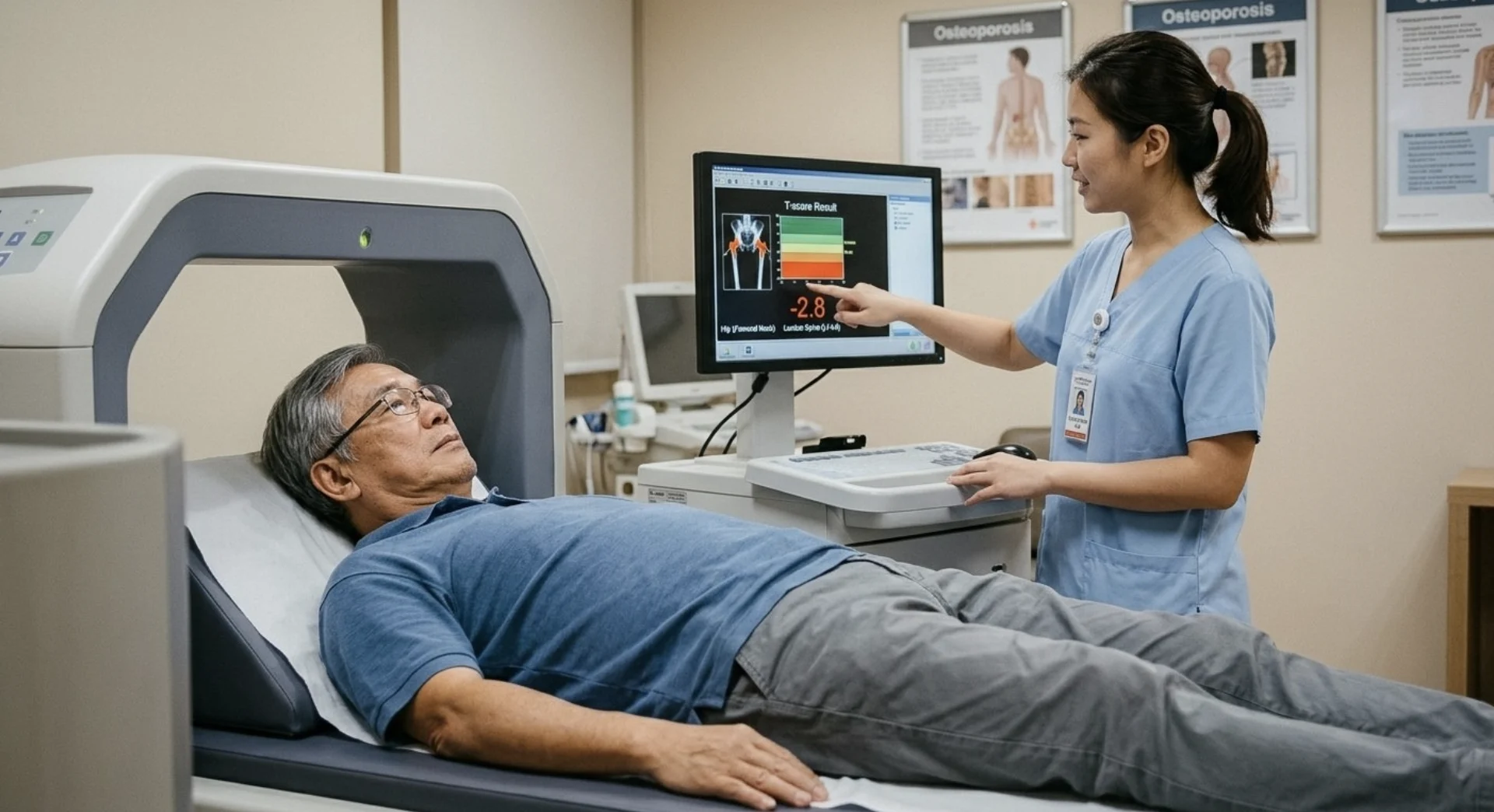 DXA scan T-score result on a monitor for a senior male patient